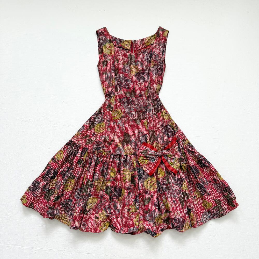 Vintage 50s Handmade Floral Fit & Flare Dress Bow Front, Size XXS